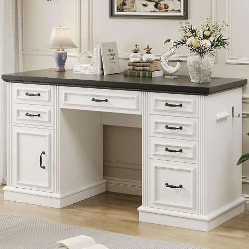 Jocoevol Farmhouse 57" Executive Desk with 7 Drawers, Home Office Desk with File Cabinet Storage, Computer Desk with Charging Station and Headphone Hook for Work, Study, Writing