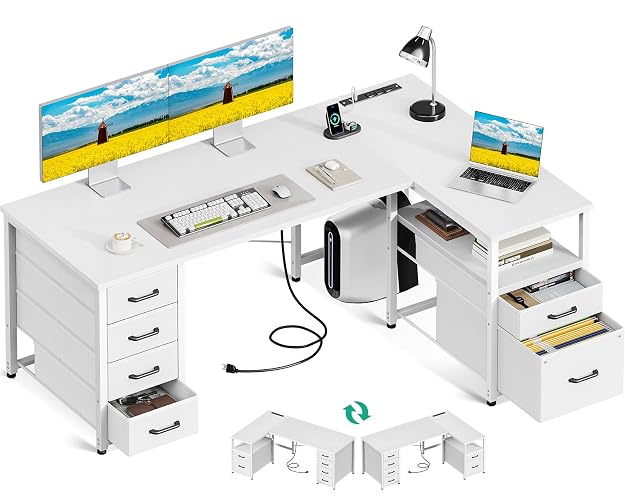 Coleshome 55 Inch L Shaped Office Desk with 6 Fabric Drawers, White | 5 Fabric Drawers + 1 Fabric File Drawer, Power Outlets, Open Storage Shelf, Reversible Layout for Home Office