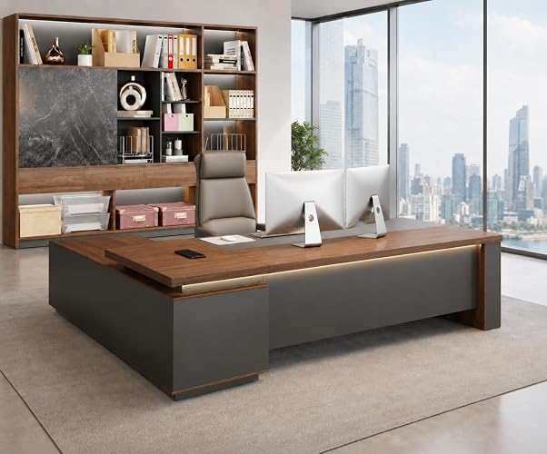 87" L-Shaped Executive Desk with Reversible Return, File Drawer, Power Hub | Left or Right Position to Install, Modern Office Style, Extra Spacious Surface, Open Shelves, LED Lighting, 2-Inch Thick Top