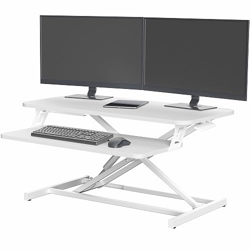 VIVO Manual Height Adjustable Standing Desk Riser, 32" White Top | Desktop Holds 33 lbs, Two-Tier Desktop, Height Adjustable, Stand Up Desk Riser, Wide Keyboard Tray, White Frame, DESK-V000SW