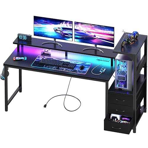HAPPYMONT 59" Reversible Gaming Desk with LED Lights Power Outlets | Office Desk with Power Outlets and Monitor Stand, Gamer Table with CPU Stand Side Hook for Bedroom, Black