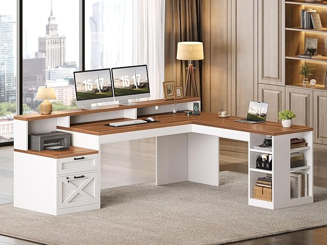 SEDETA 65"x59" L Shaped Desk with Lockable Drawers Storage for Home Office | White+Brown Large Home Office Corner Desk with Shelves, Executive Desk with Power Strip, LED Strip and Monitor Stand for Work