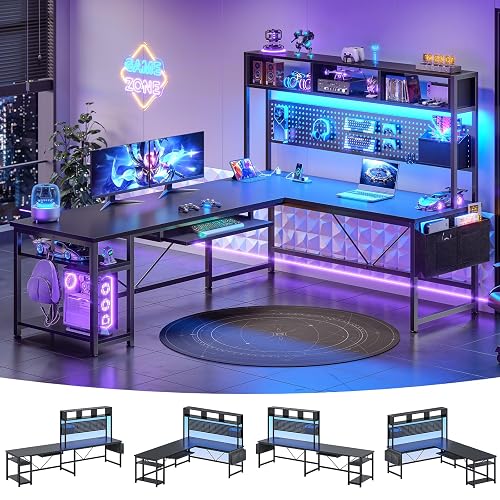 SEDETA 67" L Shaped Gaming Desk with Pegboard LED Lights and Power Outlet | Reversible Computer Desk with Keyboard Tray Hutch and Stoage Bag for Home Office, Black