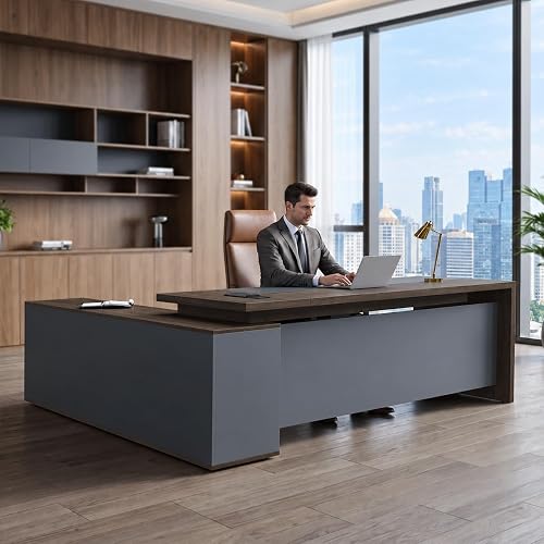 71" L-Shaped Executive Desk with Power Outlet, Walnut | 2-Inch Desktop, Built-In Power Station, Lockable Drawer, Adjustable File Storage And Hidden Cable Organizer.