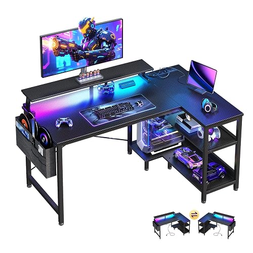 ODK 40 Inch L Shaped Gaming Desk with LED Lights, Power Outlets, Black | Adjustable Monitor Stand, Open Storage Shelves, Hanging Side Bag, PC Tower Stand, Reversible Layout for Gaming