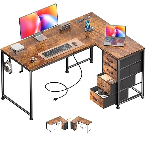 Korfile 43 Inch L Shaped Computer Desk with Power Outlets, Rustic Brown | Home Office Desk, Reversible, Corner, with USB-C Port, with 4 Fabric Drawers, with Adjustable Feet, for Work, Study, Gaming