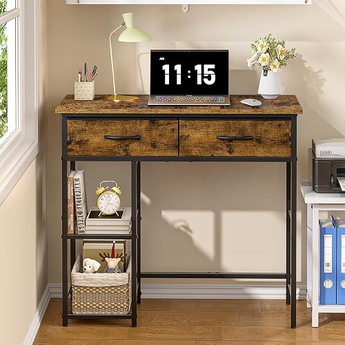 Small Writing Desk with 2 Drawers, Computer Desk with Storage Shelf, Home Kids Study Table for Small Spaces, Simple Desk for Bedroom, Home Office, Living Room, Dorm, Vanity Desk, Rustic Brown