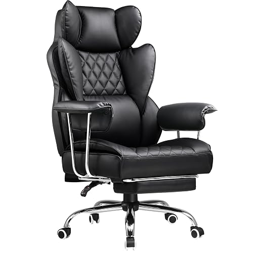 COMHOMA Big and Tall Office Chair, High Back Leather Gaming Chair with Footrest, Executive Ergonomic Office Chair with Pocket Spring Lumbar Support and with Outward Fixed Soft Armrests