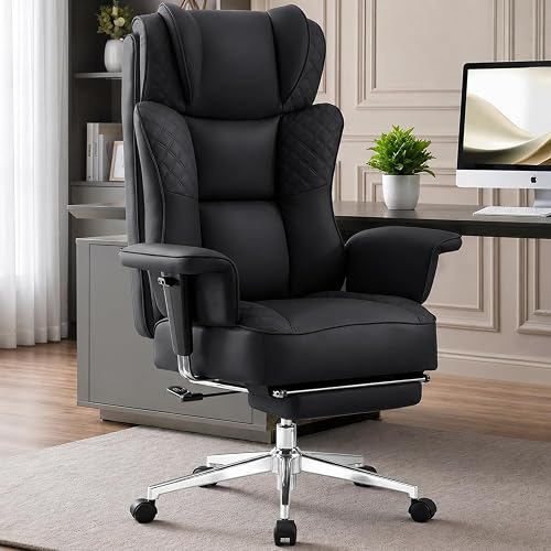 Office Desk Chair, High-Back Big and Tall Leather Chair with Footrest | Ergonomic Reclining Computer Chairs, Comfy Executive Wide Chair with Lumbar Support (Black)