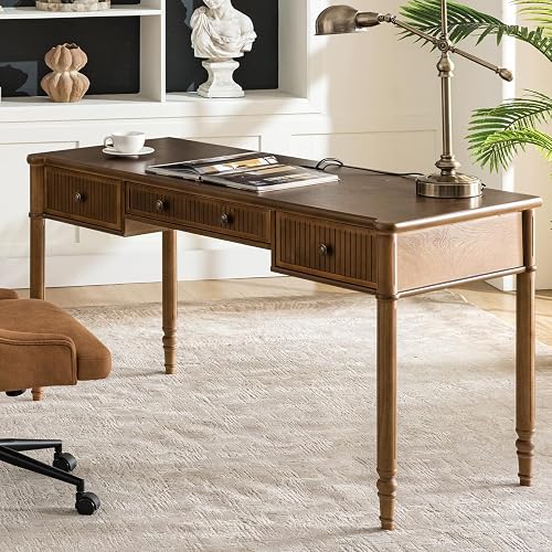 60" Walnut Fluted Home Office Desk with Charging Station, Easy Assembly | 3 Drawers Computer Desk with Cable Management, Solid Wood Spindle Legs Writing Table, Just Attach Legs Executive Desks