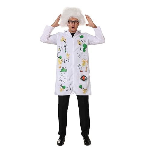 EraSpooky Men Mad Scientist Costume Adult Lab Coat with Wig