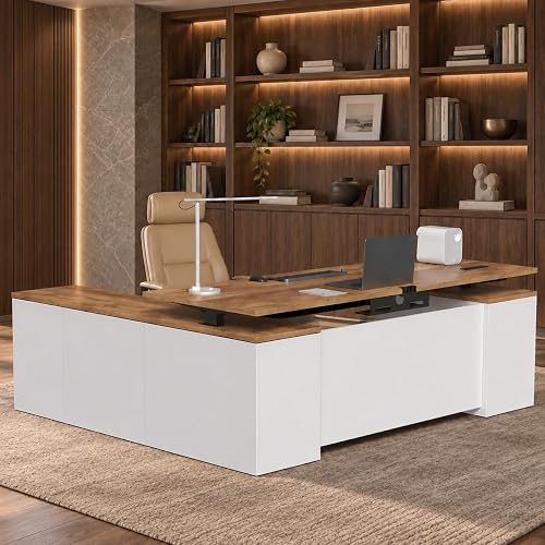 ZIMASYA 71" L Shaped Executive Desk with File Cabinet Drawers Outlet USB,Height Adjustable Office Desk Privacy Panel Sit-Stand Workstation for Boss Managers Home Farmhouse, Walnut & White