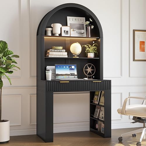 Wozkli 35.4" Arched Writing Desk with Hutch & Power Outlet for Home Office | Black Computer Desk with LED Light and 2 Fluted Drawers, Modern Secretary Desk for Bedroom Apartment, Study & Small Spaces