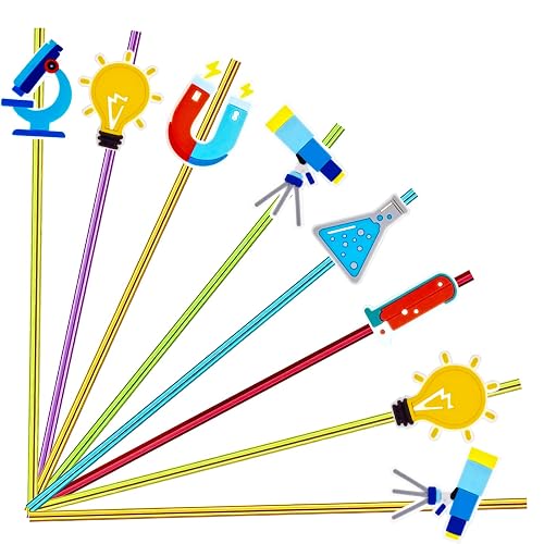 24pcs Science Party Favors Straight Reusable Plastic Straws with 2 Brushes | 24 reusable science straight straws with themed toppers and brushes for party drinks, favor bags and table displays.