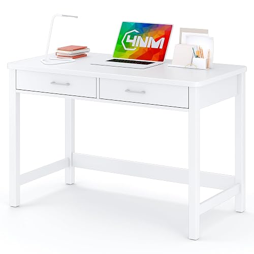 4NM 39.4" Small Desk with Wood Drawers, Home Office Computer Desk with Wooden Legs, Study Writing Table Vanity Desk for Small Spaces - White