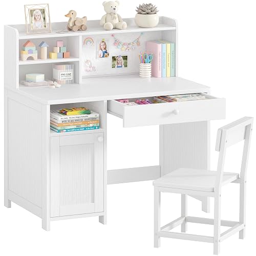BOLUO Wooden Kids Desk with Storage,White Kids Desk and Chair Set for 8-10 Year Old, Children Study Desk with Drawer and Cabinet Girls Boys