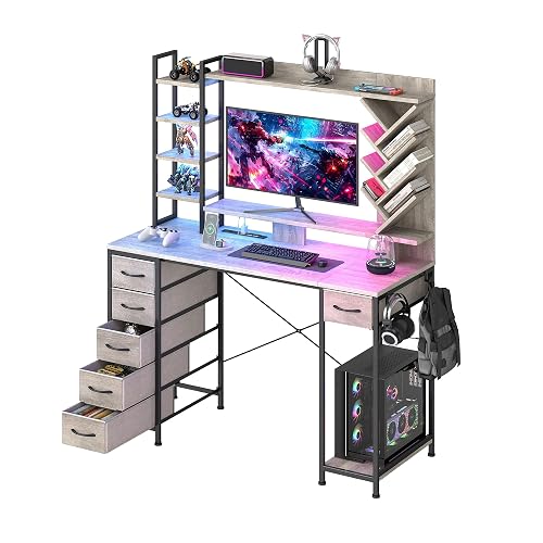 YOSHOOT 47.24" Gaming Computer Desk with Hutch, 6 Drawers, Grey | 6 fabric drawers, bookshelf, storage shelves and power outlets; reversible computer desk for office, study or gaming.