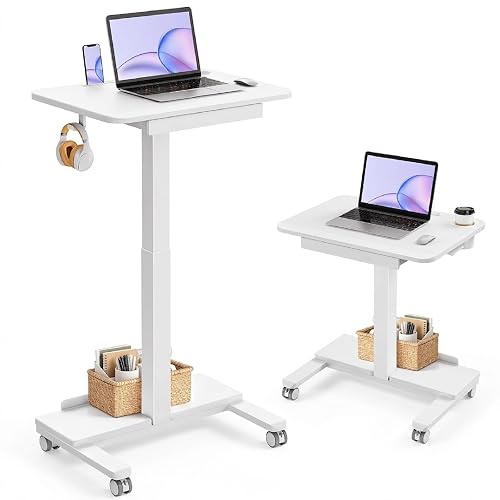 Marsail Mobile Standing Desk with Drawer, Height Adjustable Rolling Desk | Built-in Power Strip, Lockable Wheels, Storage Base, Tablet Slot, Cup Holder, Ideal for Classroom, Bedroom, Office, White