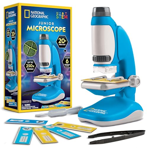 National Geographic Junior Microscope Science Kit with 250x Magnification | Handheld Mini Attachment, 12 Slides, Dual Viewing Options, Biology Experiments, Beginner STEM Toy, Birthday Gift