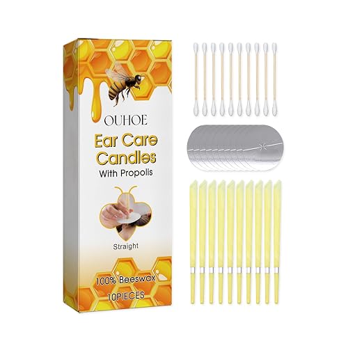 OUHOE Ear Care Candles with Propolis 100% Beeswax Set of 10 | Straight Design, Includes Cotton Swabs, Protective Discs Included, Soothing & Gentle, Nourishing Formula