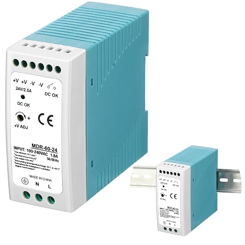 Yexiya 1 Pcs 24vdc Power Supply 2.5a 60w Din Rail Switching Converter | 100-240VAC Input, MDR Industrial Series, Dual Output Terminals, Compact for Control Cabinets, Stable Voltage Conversion