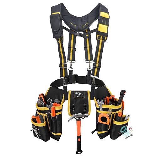 Tool Belt with Suspenders, 27-Pockets Heavy Duty Tool Belts for Men | Detachable & Adjustable Utility Toolbelt, Magnet Tool Belt Pouch, Work Belt for Construction, Electrician, Carpenter