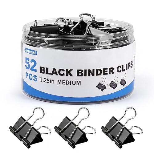Azureal 52Pcs Binder Clips, 1.25 inch Medium Binder Clips, Office Clip with Container, Paper Clamps, Metal Binder Clip Medium, Paper Clips for Office Supplies/Home/School (Black)
