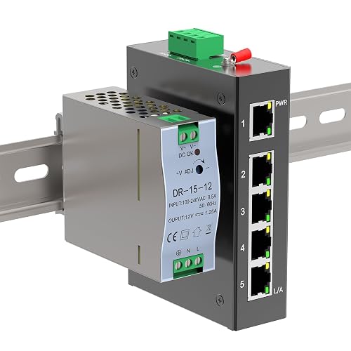 5 Port 100Mb Unmanaged Industrial Switch, with 15W Power Supply, DIN Rail | IP40, 4KV Lightning Protection, Wide Temp -40~80°C | Rugged Network Switch | Fast Ethernet Switch