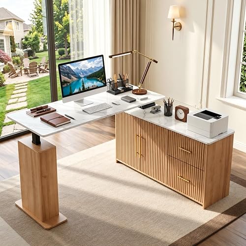 NORTHSKY 55" L-Shaped Electric Standing Desk with Fluted Drawers & Cabinet | 2 Drawers with File Storage, Fluted Cabinet, 28.7-46.8 in Height Adjustment, 3 Presets, Marble-Look Top & Gold-Tone Handles