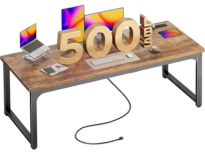 Huuger 63 x 24 inch Desk with Power Outlets & 0.95 Inch Thicker Desktop | Robust Metal Tubes, USB-C, Computer Desk, Heavy Duty Office Desk, Work Gaming Desk for Home Office, Rustic Brown