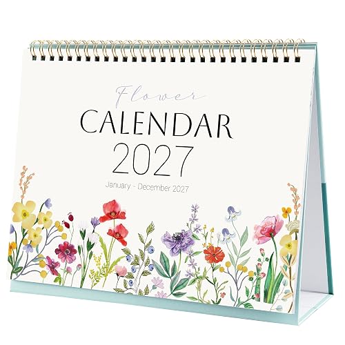 2027 Desk Calendar - Standing Flip Desk Calendar 2027, Jan 2027 - Dec 2027 | 9.8" x 8.3", Full Watercolor Floral Print, 6 Unique Themes, Thick Paper, Strong Twin-Wire Binding, Memo Pages & Blank Blocks