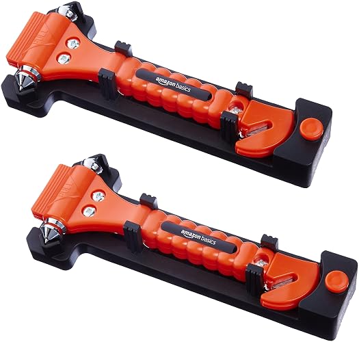Amazon Basics Emergency Escape Tool, Window Breaker and Seatbelt Cutter, Car Safety Hammer with Protective Bracket, Bright Orange, 2 Pack, SW-835