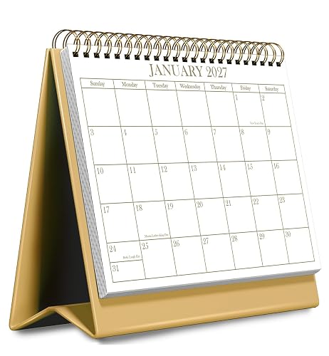 Desk Calendar 2027 - Runs January 2027 until June 2028 - Beautiful Small Flip Desktop Calendar for Easy Organizing, 6" x 8",Gold