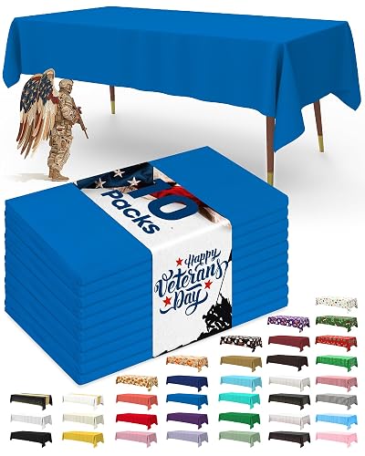 Pureegg Blue Plastic Table Cloth Disposable, 10 Pack, Patriotic Decor | 54 x 108 in, Patriotic Decorations, Thanksgiving, Veterans Day Tablecloths, Rectangle, Plastic Cover, Leakproof & Sturdy