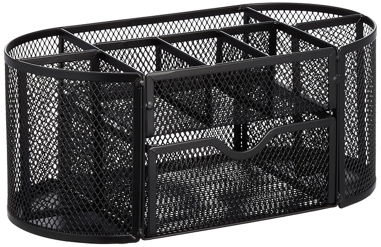 Amazon Basics Mesh Desk Organizer with Pen Holder, Pullout Drawer and Office Caddy Storage, 9.25" x 4.53" x 3.94", Black