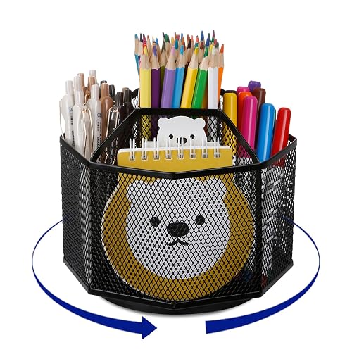 Comix Mesh 360° Rotating Pen Holder, Desk Organizer for Home Office, Black | 9 Compartment Pencil Holder, Sticky Notes Holder, Pen Organizer Office Supplies