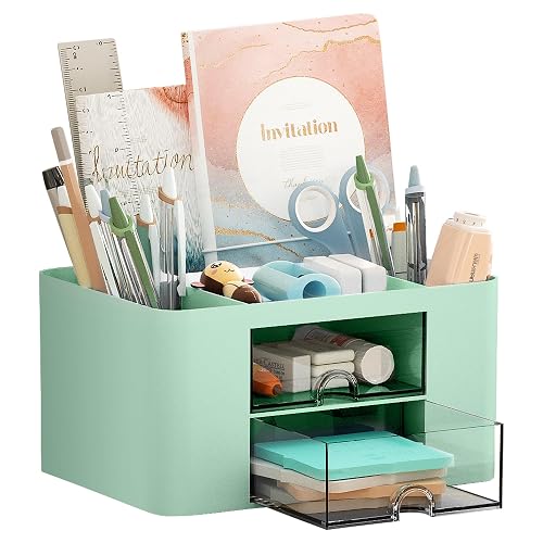 Marbrasse Pen Organizer with 2 Drawer, Multi-Functional Pencil Holder for Desk, Desk Organizers and Accessories with 5 Compartments + Drawer for Office Art Supplies (Green)