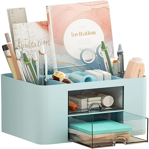 Marbrasse Pen Organizer with 2 Drawer, Multi-Functional Pencil Holder for Desk, Desk Organizers and Accessories with 5 Compartments + Drawer for Office Art Supplies (Blue)