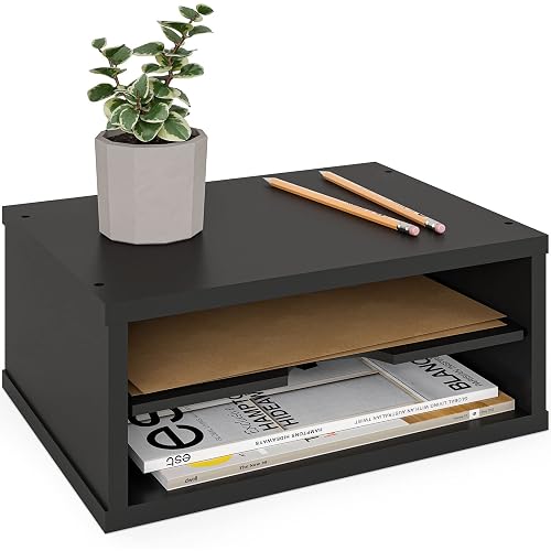 Ballucci File Organizer, 2-Tier Document Paper Sorter, Stackable Wood Desk Organizer Mail Holder, Monitor Stand with Storage Shelves, Black
