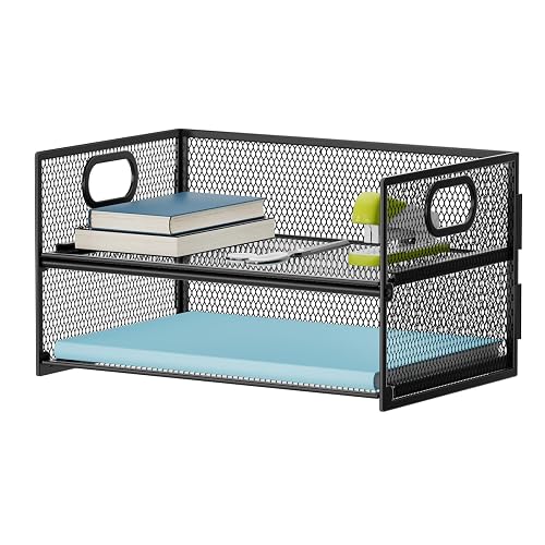 Marbrasse 2 Tier Paper Organizer Letter Tray, Mesh File Organizer with Handle, Paper Sorter Desk Organizer for Home Office Supplies - Black