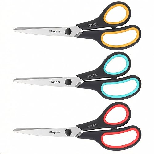 iBayam 8.5" Scissors All Purpose Heavy Duty, 3 Pack Stainless Steel Shears | Scissor, Shop Hand Tools, Office School Home Essentials, Cutting Cardboard Rope Leather, Comfort-grip, Left/Right Handed