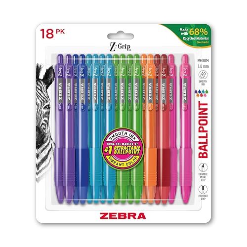Zebra Pen Z-Grip Recycled Ballpoint Pen, Assorted Bright Ink, 1.0mm, 18-Pk | Retractable, Smooth Writing, Medium Point, 68% Recycled (GRS Certified; Global Recycled Standards) School & Office (23118)
