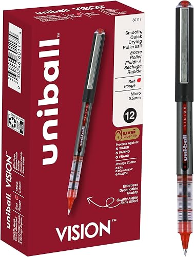 uniball Vision Roller Ball Pen, Stick, Micro 0.5 Mm, Red Ink, Gray/red Barrel, Dozen (Pack of 12)