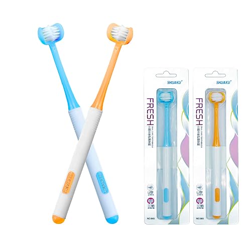 CMHX 3 Sided Autism Toothbrush 360° Oral Teeth Cleaning Design U-Shaped Toothbrush 2 PCS Adult Soft Bristles Soft and Gentle for Complete Tooth and Gum Care (Blue+Orange)
