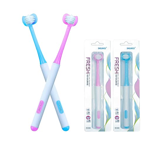CMHX 3 Sided Autism Toothbrush 360° Oral Teeth Cleaning Design U-Shaped Toothbrush 2 PCS Adult Soft Bristles Soft and Gentle for Complete Tooth and Gum Care (Blue+Pink)