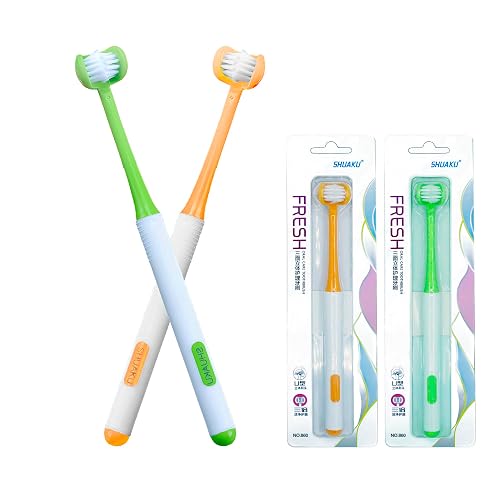 CMHX 3 Sided Autism Toothbrush 360° Oral Teeth Cleaning Design U-Shaped Toothbrush 2 PCS Adult Soft Bristles Soft and Gentle for Complete Tooth and Gum Care (Green+Orange)