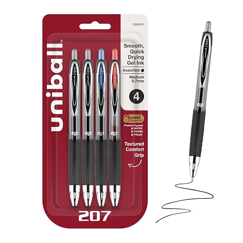 uniball™ 207 Gel Pens, Assorted Ink, 0.7mm Medium Point, 4 Count | Retractable, Smooth Writing, Fraud-Resistant, uni Super Ink™