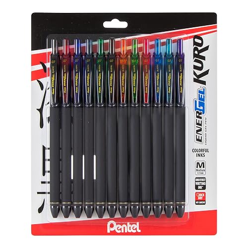 Pentel EnerGel Kuro Liquid Gel Pen, (0.7mm), Medium line, Assorted Ink, 12 Pack (BL437R1BP12M)