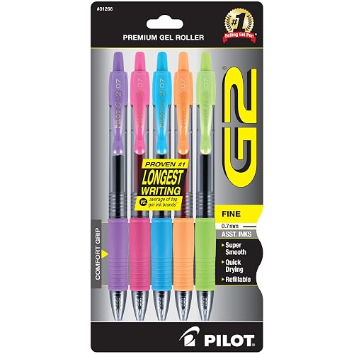PILOT G2 Refillable and Retractable Gel Pens, 0.7mm, Assorted Inks, 5-Pack | Purple, Pink, Turquoise, Lime Green, Orange Inks, smudge-free, color gel pens, journal pens, quick-drying ink, fine point