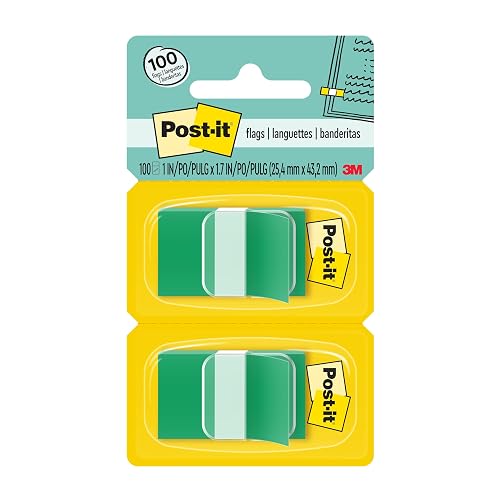 Post-it Flags, 1 x 1.7 in, Green, 2 Dispensers, 50 Flags/Dispenser | Removable Page Markers for Planners, Journals, and Calendars